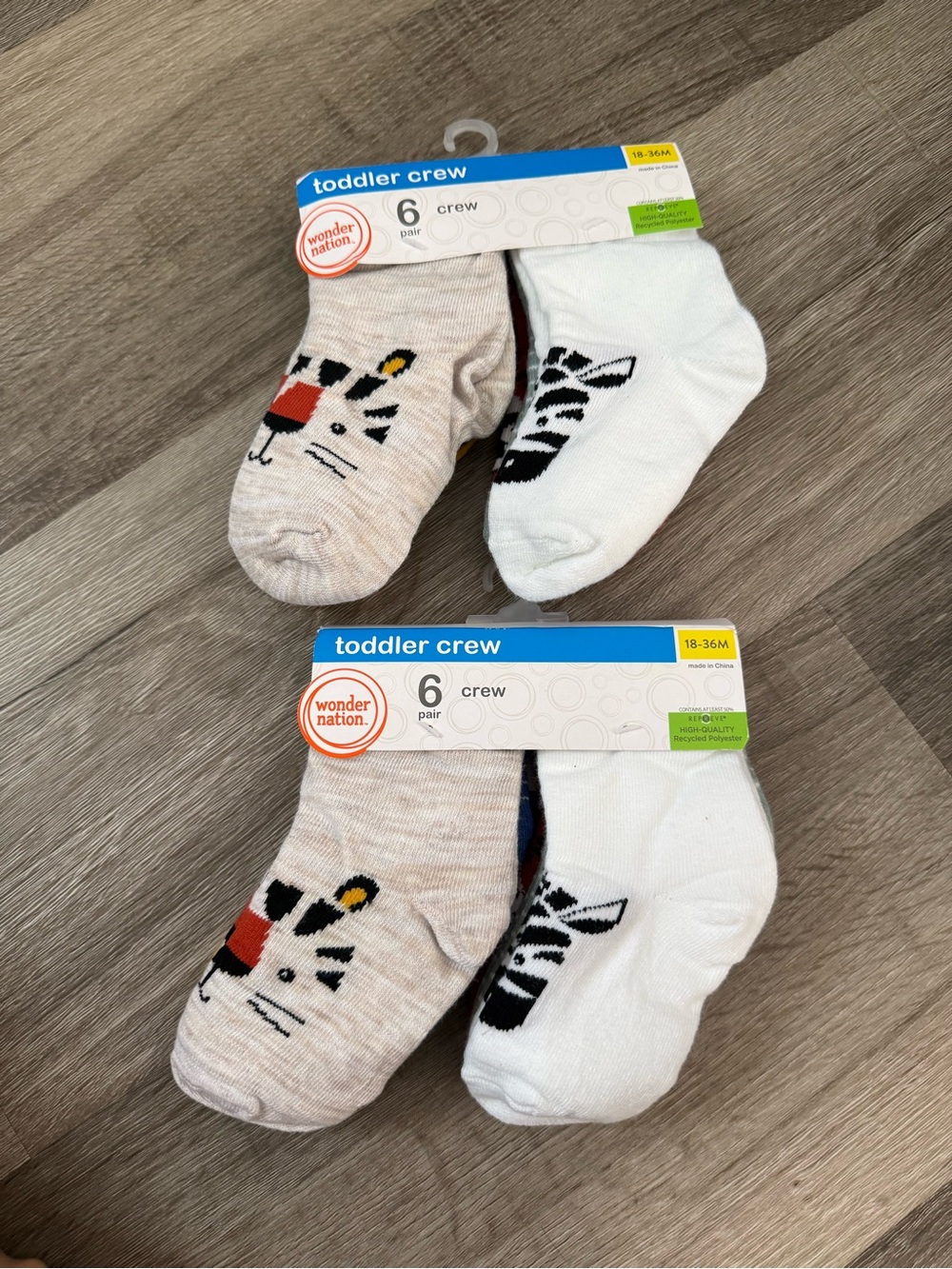 Two set wonder nation Toddler Crew Socks - Beige, White & Black Animal Faces